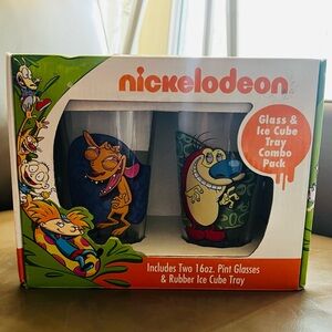 Nickelodeon Ren & Stimpy 16oz Pint Glasses & Rubber Ice Cube Tray Combo New